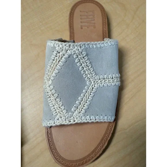 FRYE Women's Slip On Mules Sandals Slides Blue Cream Crochet Detail Size 7 - Picture 2 of 8